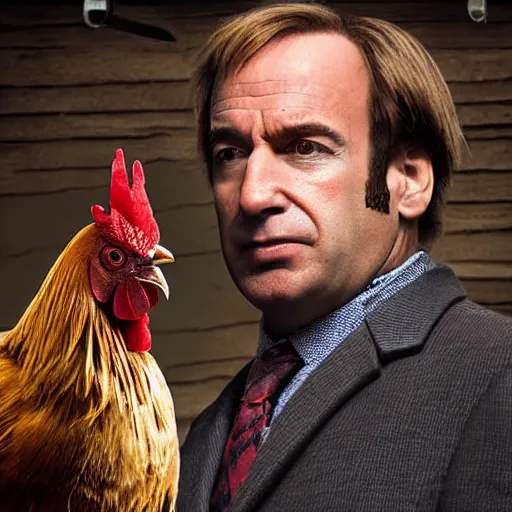 Image similar to saul goodman and a rooster in a medieval torture chamber, saw blades and knives in the background, horror movie, saul goodman, rooster, real life photo, detailed face