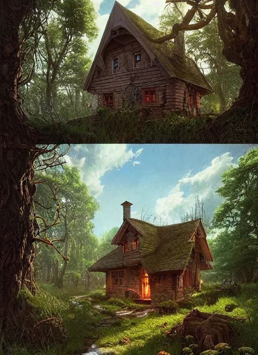 Image similar to hyper realistic homely ornate modern witch cottage far away in the woods gorgeous lighting, blue sky, highly detailed, lush forest by zdzisław beksinski and norman rockwell and greg rutkowskiweta studio, and lucasfilm