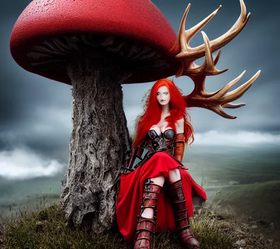 Image similar to a photo of an armored woman warrior redhead with antlers sitting on a giant red cap mushroom that covers a whole village and reaches above the clouds by luis royo. intricate. lifelike. soft light. sony a 7 r iv 5 5 mm. cinematic post - processing