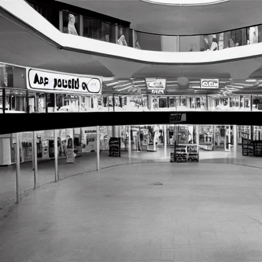 Prompt: surreal, photorealistic 1970s shopping mall