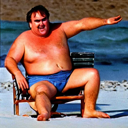 Prompt: john candy is relaxing on the beach, he is rubbing barbeque sauce on his skin. robin williams rubs bbq sauce on hos skin but his arms are too hairy, vacation photo