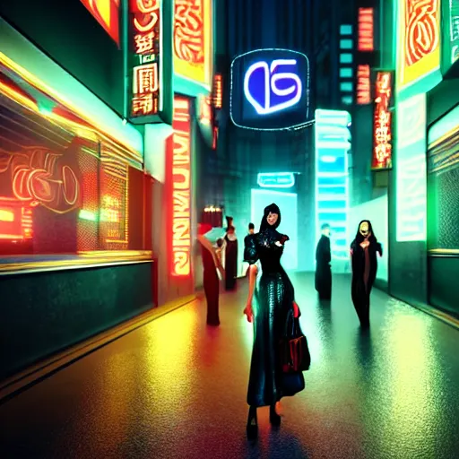 Image similar to innovative avant-garde art, deco fashion, asian women, neon lights, highly detailed, photorealistic portrait, cyberpunk city street, night time, crisp quality and light reflections, unreal engine 5 quality render