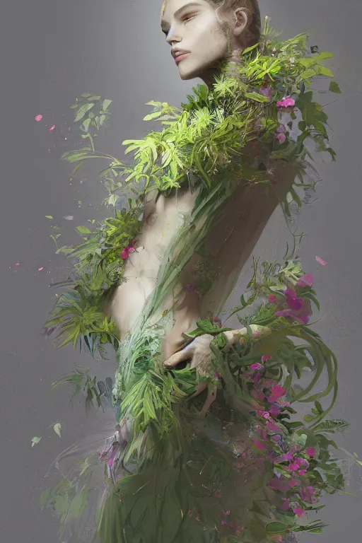Prompt: detailed 2d illustration, trending on artstation, unique, elegant, beautiful, a woman with clothing made of plants, uses her magic to create new life, by Ruan Jia, 4K