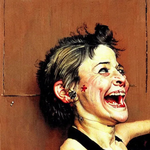 Image similar to Front portrait of a cackling punk woman. A painting by Norman Rockwell.