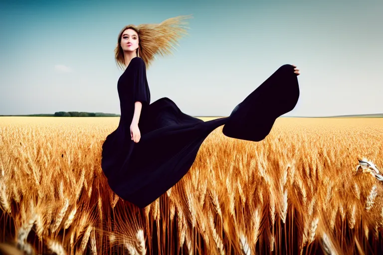 Image similar to photograph of a fashion model flying over a wheat field. photography by julia hetta, cinematic, elegant, real dlsr photography, sharp focus, 4 k, ultra hd, sense of awe