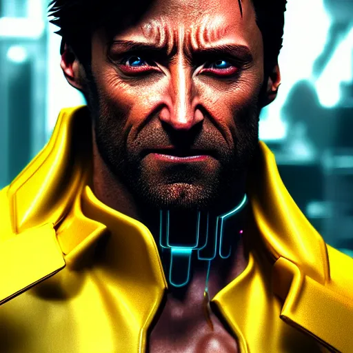 Prompt: hugh jackman portrait, cyberpunk 2 0 7 7, photorealistic, ultra detailed, neon, octane rendered, bokeh, cinematic lighting, cyber, cyberpunk city, feature, scars, cyberface, 8 k