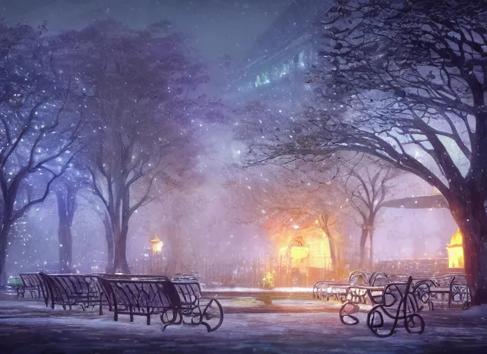 Prompt: a magical mystical fantasy fae garden full of benches, a fountain, and a tree of life. Atmospheric lighting, romantic, cold lighting, snowy. By Makoto Shinkai, Stanley Artgerm Lau, WLOP, Rossdraws, James Jean, Andrei Riabovitchev, Marc Simonetti, krenz cushart, Sakimichan, D&D trending on ArtStation, digital art.