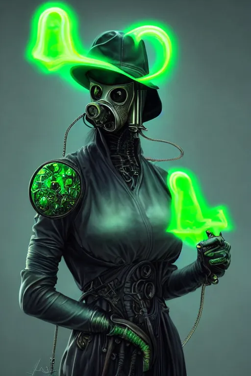 Image similar to wow! 3 / 4 stunning photorealistic portrait of a female plague doctor with a green aura in a kowloon! cyberpunk cityscape, biomechanical leather bodysuit, bioluminescent acid rain, dark fantasy by artgerm and sorayama and alphonse mucha, ultrarealistic, hyperdetailed, trending on artstation, octane render