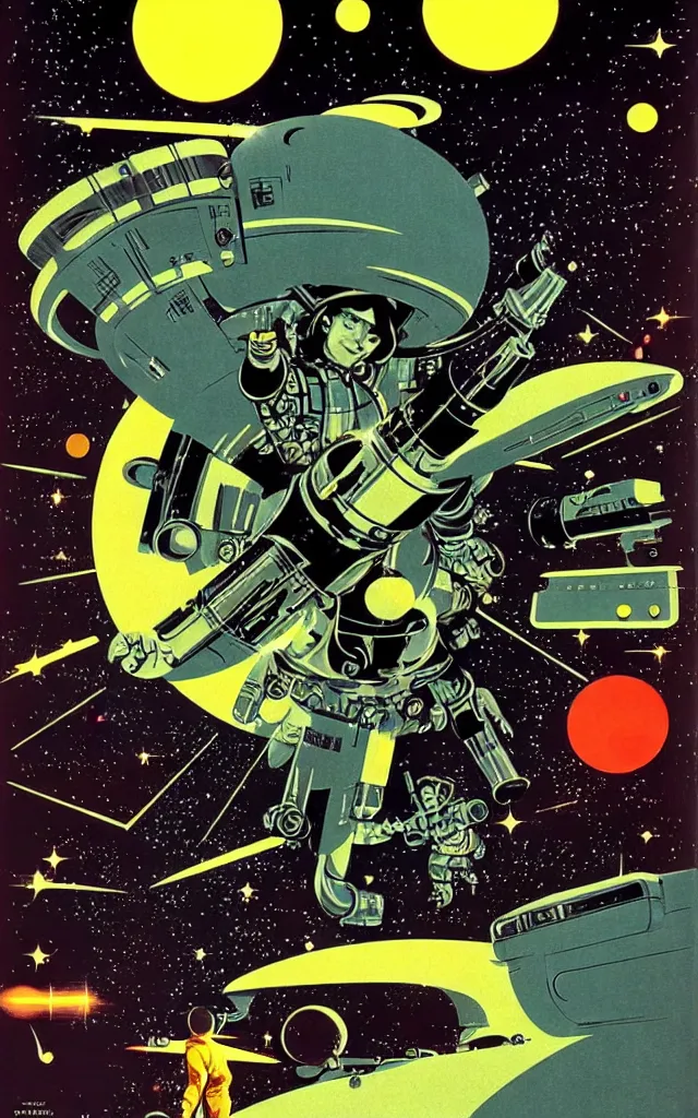 Image similar to space cowboy cyborg. space fantasy. bauhaus art. retro comicbook art. dean ellis.