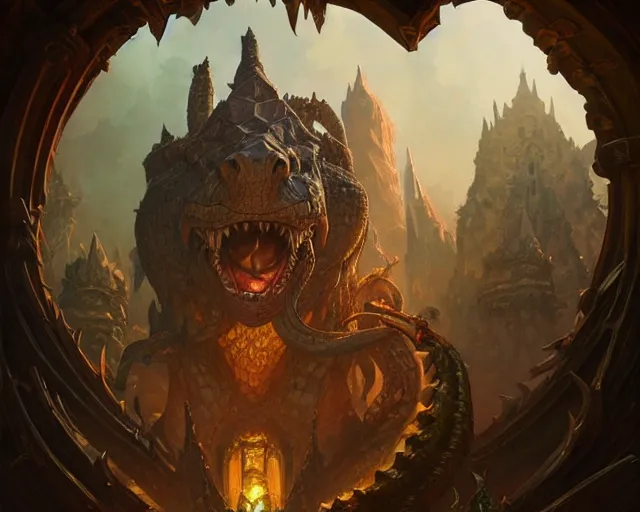 Image similar to crocodile god lair, deep focus, d & d, fantasy, intricate, elegant, highly detailed, digital painting, artstation, concept art, matte, sharp focus, illustration, hearthstone, art by artgerm and greg rutkowski and alphonse mucha