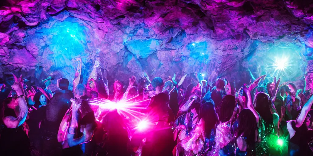 Prompt: cinematic shot of a goth disco nightclub in a cave, (((sphere of holographic knives))) made of pink lasers and blue crystals, goth people dancing, 8k photograph