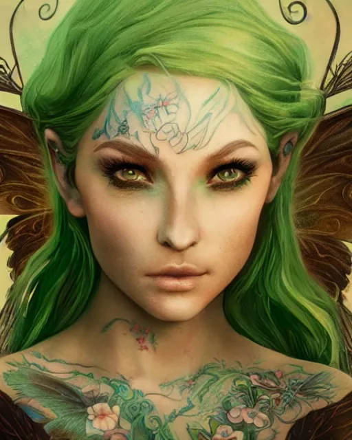 Prompt: a close - up of beautiful tattooed fairy in front of the disney castle, hyper realistic face, green eyes, fantasy art, in the style of greg rutkowski, illustration, epic, fantasy, intricate, hyper detailed, artstation, concept art, smooth, sharp focus, vibrant, abstract