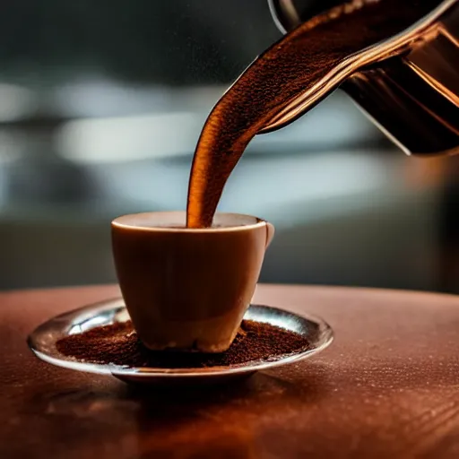 Prompt: Close up of coffee being poured into a cup on a rainy morning, studio lighting , macro, coffee, morning, rain, highly detailed, sharp focus, Volumetric dynamic lighting, still life, real life, 4k