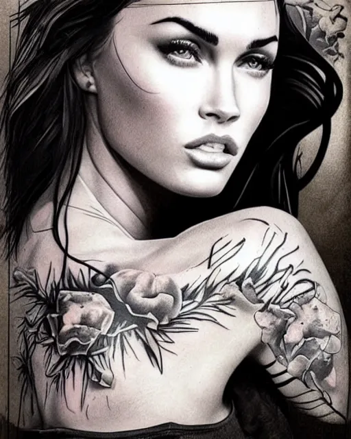 Prompt: tattoo design sketch of megan fox with beautiful mountain scenery, in the style of dan mountford, double exposure effect, hyper realistic, amazing detail