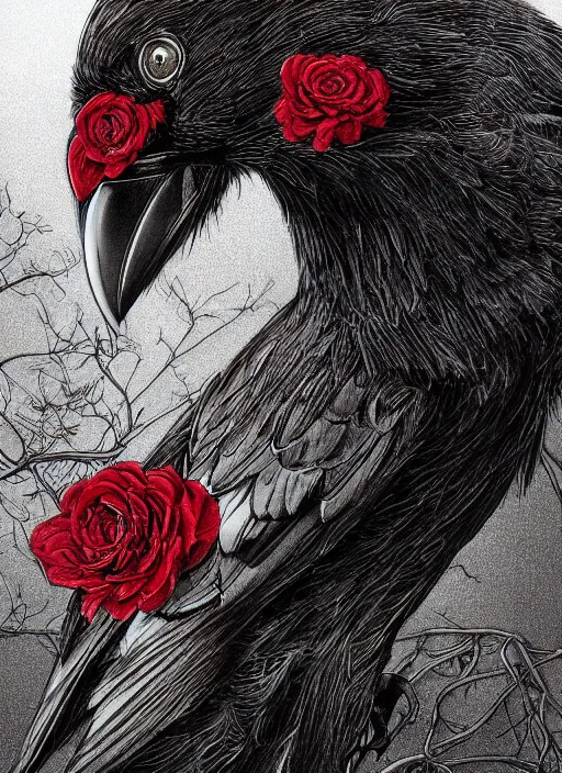 Image similar to portrait, A crow with red eyes in front of the full big moon, book cover, red roses, red white black colors, establishing shot, extremly high detail, foto realistic, cinematic lighting, pen and ink, intricate line drawings, by Yoshitaka Amano, Ruan Jia, Kentaro Miura, Artgerm, post processed, concept art, artstation, matte painting, style by eddie mendoza, raphael lacoste, alex ross