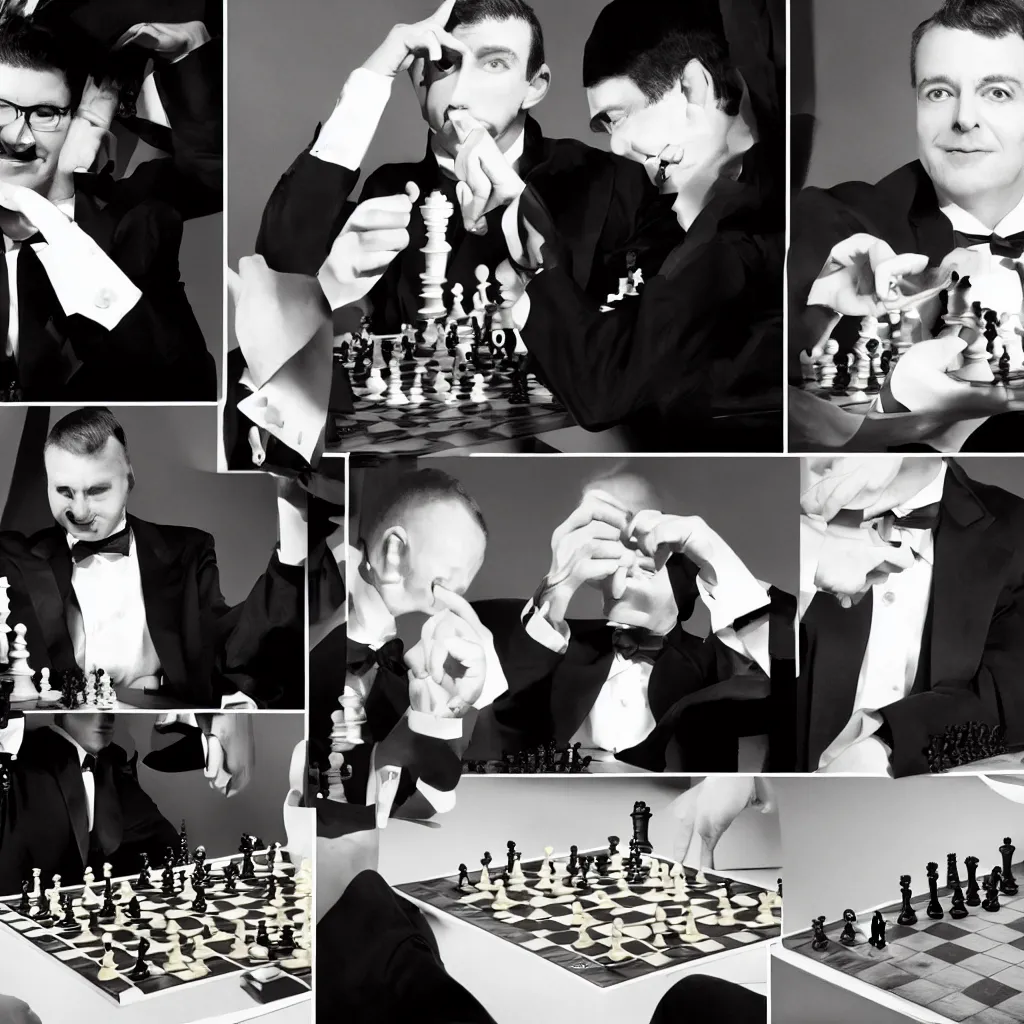 Image similar to Adam Aaron CEO of AMC playing Chess against Evil Shadow Creatures wearing tuxedos. Photocollage.