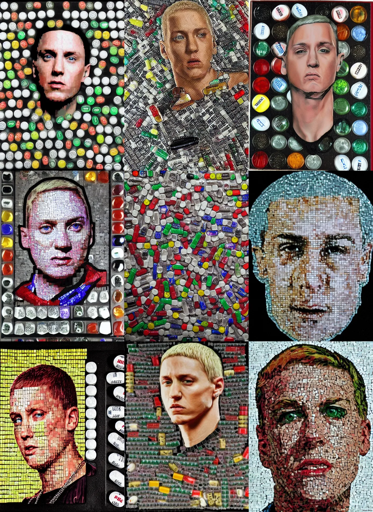 Prompt: mosaic of eminem made of medicine pills, high quality