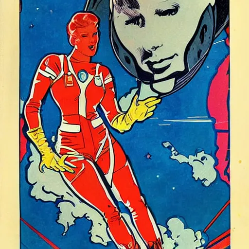 Image similar to a woman with red hair, floating in space. she is an astronaut, wearing a space suit. well composed, clean elegant painting, beautiful detailed face. comic book art by steve ditko and jack kirby and ( alphonse mucha )