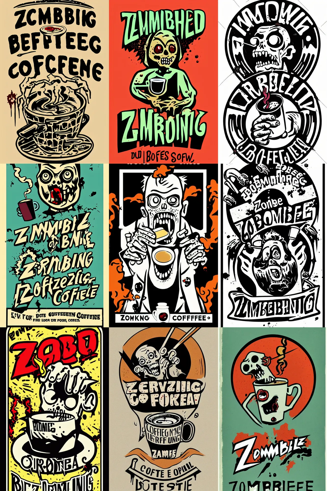 Prompt: zombie drinking coffee logo, take away coffee, by mcbess, full colour print, vintage colours, lightning bolts, 1950s