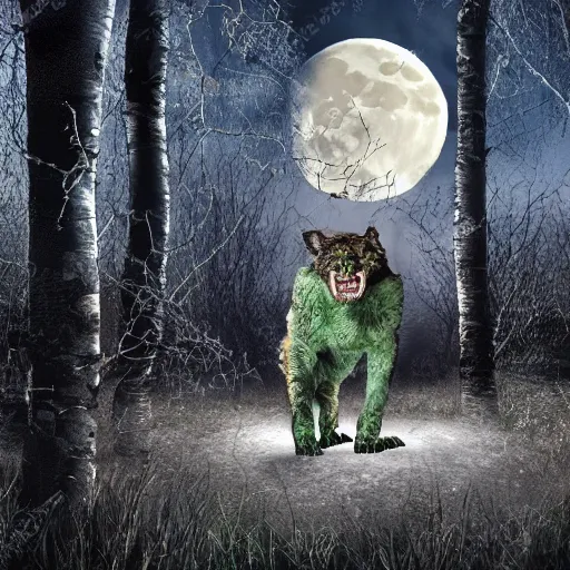 Image similar to Furred chimera with crocodile's body and a wolve's head, set within a birch tree swamp, illuminated by full moon, professional photoshop artwork, highly detailed