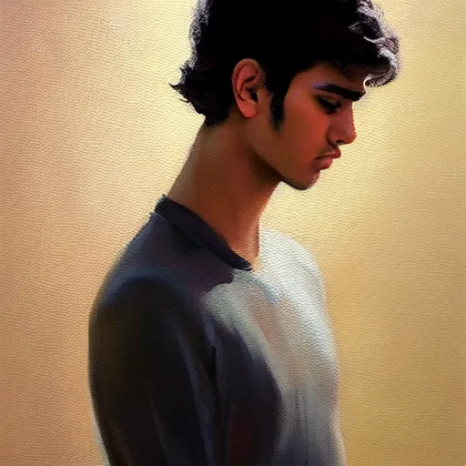 Image similar to oil painting by ilya kuvshinov, baugh casey, rhads, coby whitmore, of a persian - indian college student, fair olive skin, refined features, high cheekbones, handsome, curly black hair, outdoors, highly detailed, breathtaking face, studio photography, dawn, intense subsurface scattering, blush, supple look, innocence, intense sunlight