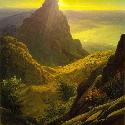 Prompt: a wanderer looking down from the peak of a mountain, distant valley, trees, sunset, sunrays, dramatic light, high detail, masterpiece, painted by caspar david friedrich