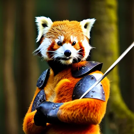 Prompt: photo of a humanoid red panda dressed in armor with a golden helmet on the head, hold sword in the forest