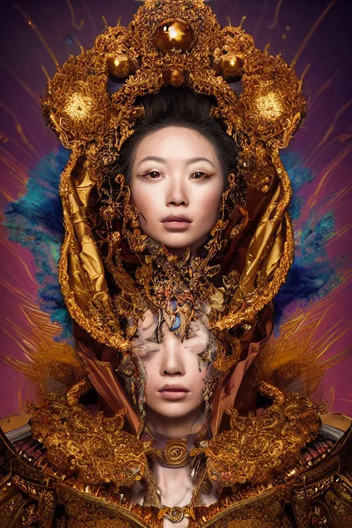 Image similar to a beautiful empress portrait, singular subject, with a brilliant, impossible striking big cosmic galaxy headpiece, clothes entirely made out of cosmos chaos energy, symmetrical, dramatic studio lighting, rococo, baroque, jewels, asian, hyperrealism, closeup, D&D, fantasy, intricate, elegant, highly detailed, digital painting, artstation, octane render, 8k, concept art, matte, sharp focus, illustration, art by Artgerm and Greg Rutkowski and Alphonse Mucha