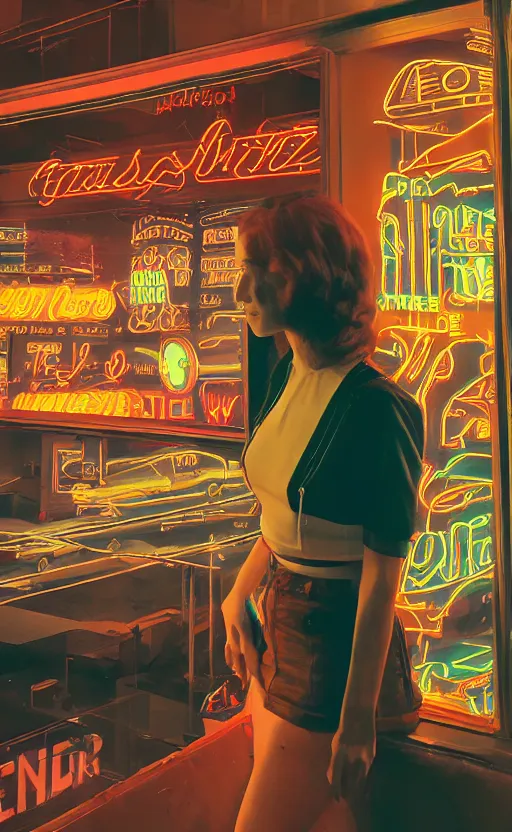 Image similar to vertical movie frame portrait of girl in 5 0's retro restaurant interior, neon - decorated urban on night in the city seen through the window, modern interior design, architectural design, vintage, night blade runner, dark, postapocalyptic, clean lines, 4 k, octane, lunarcore city at distance, big windows, octane, wide angle