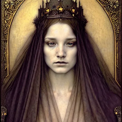 Image similar to detailed realistic beautiful young medieval queen face portrait by jean delville, tom bagshaw, brooke shaden, gustave dore and marco mazzoni, art nouveau, symbolist, visionary, gothic, pre - raphaelite, ornate gilded medieval icon, surreality, ethereal, unearthly, haunting, celestial, neo - gothic, ghostly, memento mori, nightmare, medium shot