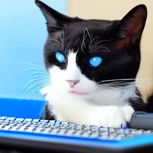 Prompt: A blue+black+cat+bat playing computer games