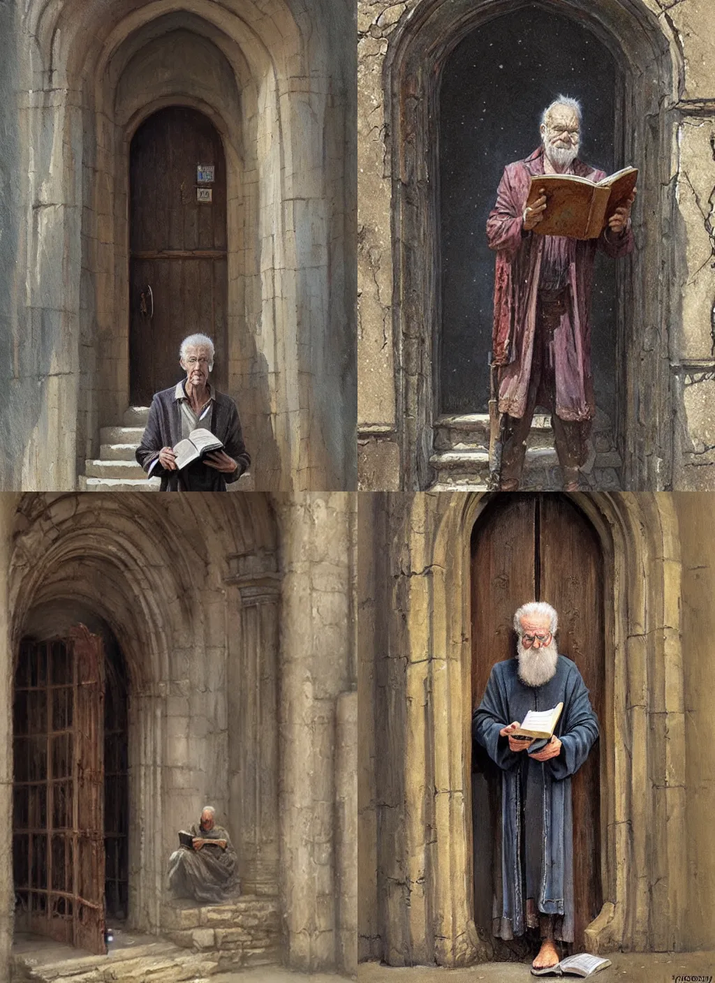 Prompt: a beautiful painting of an old wizard holding a book and standing in front of an ancient door, by james gurney and greg rutkowski