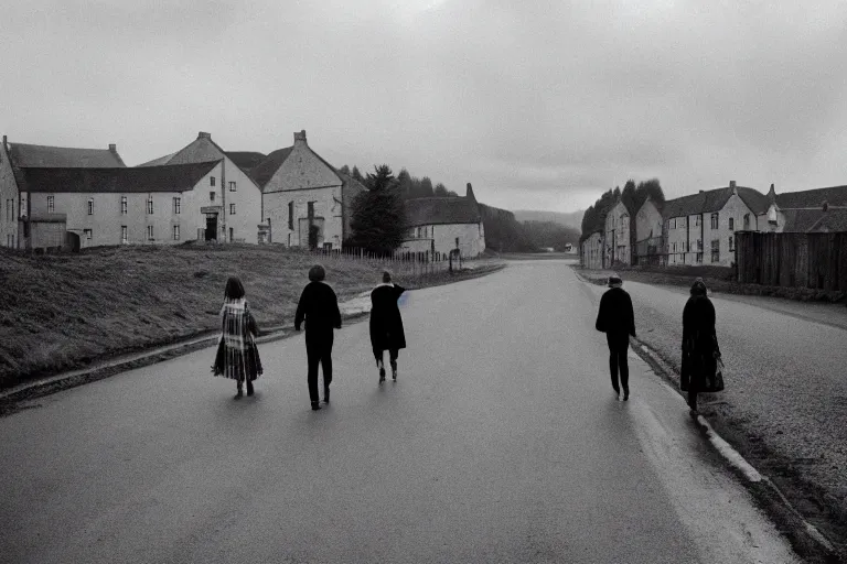 Image similar to three people walking in an empty street in a remote Scottish village on a cloudy morning during the pagan feast of the wicker man, photojournalism, 1967, photorealism, very realistic, in the style of Midsommar, 50mm lens, Kodak 5219 film