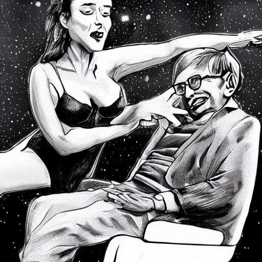 Image similar to stephen hawking gets a lap dance from a cyborg elon musk, fantasy concept art 8 k hyper realistic