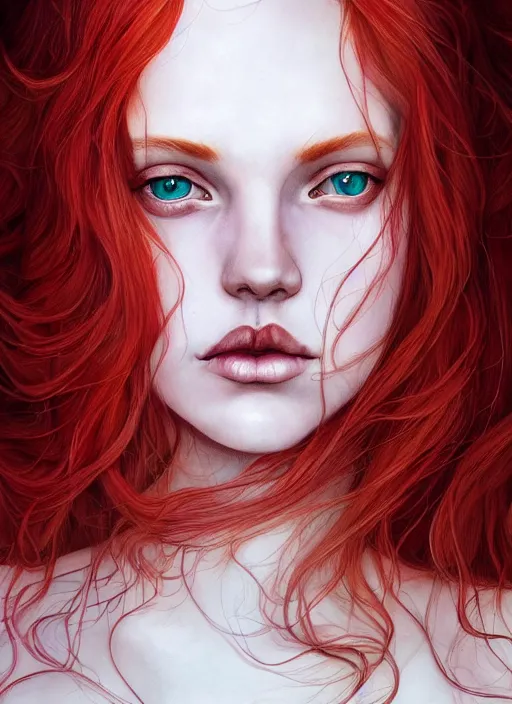 Image similar to dramatic ethereal full length illustration of a beautiful and red hair young woman in the art style of Martine Johanna, not realistic, anatomically correct, beautiful!! perfect face, enigmatic, volumetric golden dappled dynamic lighting, sharp focus, 8k high definition, insanely detailed, intricate, elegant