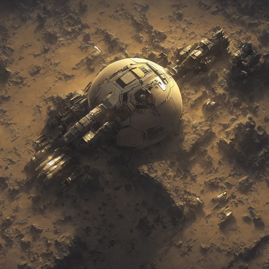 Image similar to sci - fi mining device hooked to a planet's surface, volumetric light, dynamic lights and shadows, concept art, octane, redshift, detailed