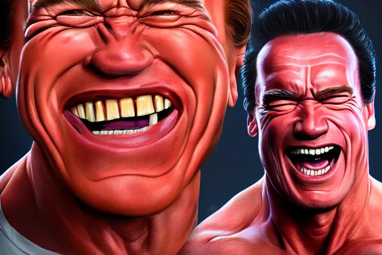 Image similar to Arnold Schwarzenegger laughing hysterically with crazy eyes, hyperrealistic, concept art, illustration, 8k, cinematic, digital painting, very detailed, volumetric lighting, artstation, octane render