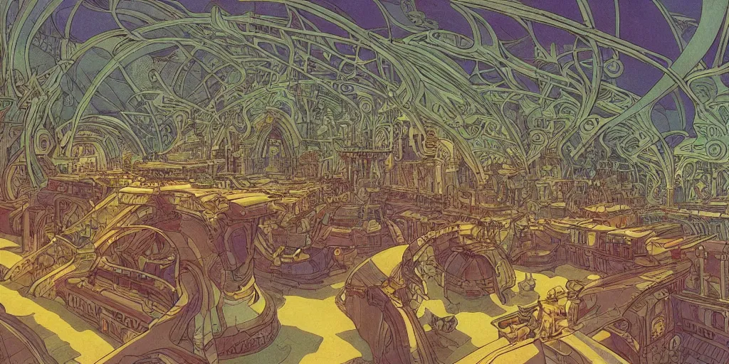 Image similar to cel shaded cinematic shot, matte illustration, the interior of a scifi space station with ornate elven architecture bustling with people, epic castle, emerald, crystalline, detailed illustration, sharp focus, crisp lines, art by moebius, jean giraud moebius comic illustration