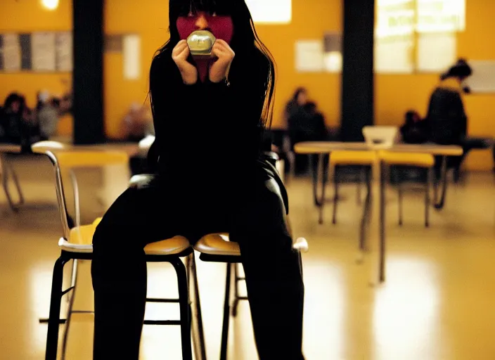 Prompt: photograph of an emo girl sitting in a cafeteria, 2006, yellow fluorescent lighting