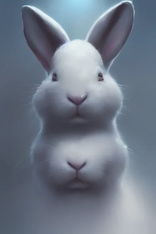 Prompt: white bunny with black spots on face and nose, realistic and ultra intricate detailed soft painting, volumetric lighting, mist, cityscape background, Artstation, Tom Bagshaw Yasushi Nirasawa Moebius artstyle, unreal render, depth of field ,