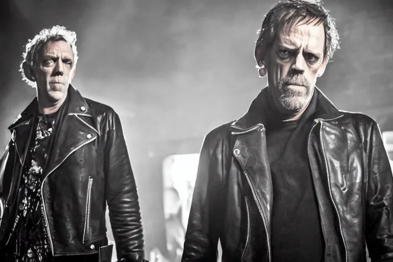 Image similar to promotional image of hugh laurie as a british punk rocker in a new movie, leather clothes, heavy makeup, detailed face, movie still frame, promotional image, imax 70 mm footage