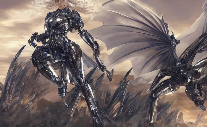 Image similar to mechanized valkyrie of daenerys targaryen from game of thrones, anime style, konami mecha, spread wings, hair down, symmetrical facial features, from arknights, hyper realistic, 4 k, rule of thirds, extreme detail, detailed drawing, trending artstation, hd, d & d, realistic lighting, by alphonse mucha, greg rutkowski