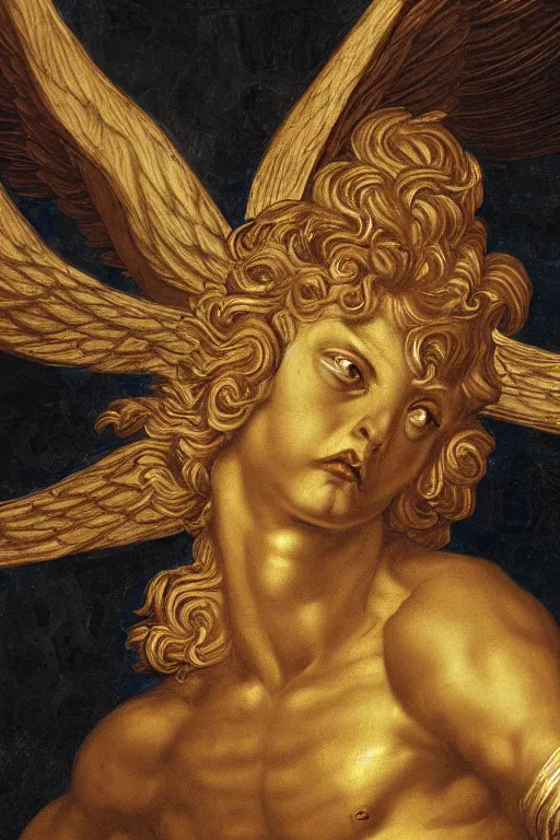 Image similar to fallen angel Lucifer, angry face, closeup, ultra detailed, made in gold, Guido Reni style