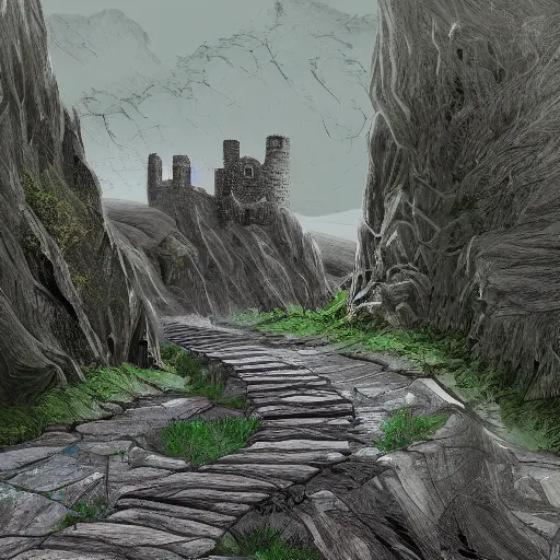 Image similar to a long winding pathway with deep cliffs on both sides, with a mysterious dark castle at the of the path, digital art, 8 k, concept art