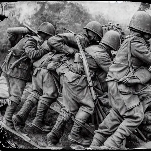 Image similar to soldiers fighting in trenches, war, black and white, polaroid photo, hyper realistic, 4 k, highly ornate intricate details, sharp image, incredible detail,