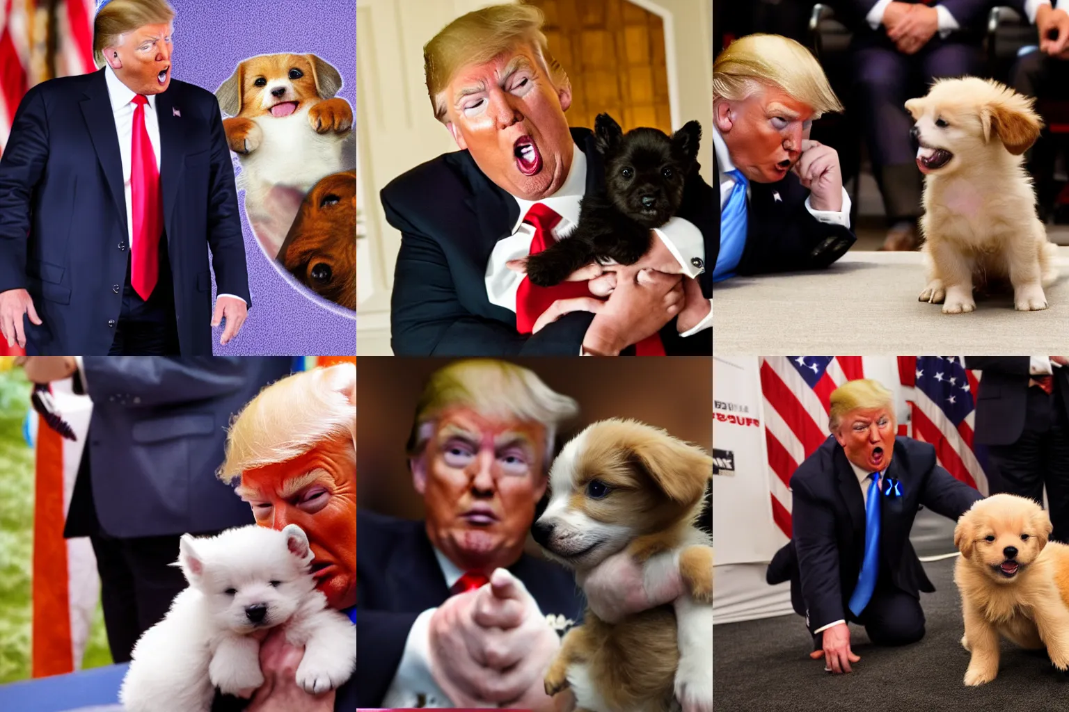 Prompt: high quality photograph of Donald Trump cowering in fear at the sight of a tiny adorable puppy, 4k, high detail