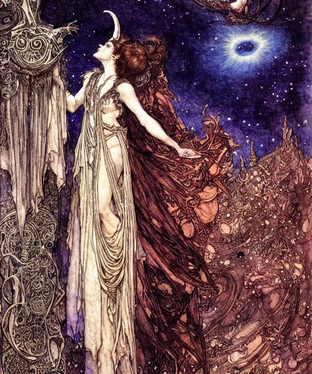 Image similar to A detailed horned many-multiplefaced-goddess stands among the cosmos. Wearing a ripped mantle-robe in cosmic texture. Blurred smudged faces, extremely high details, realistic, fantasy art, solo, masterpiece, colorful art by Arthur Rackham, Eugene de Blaas