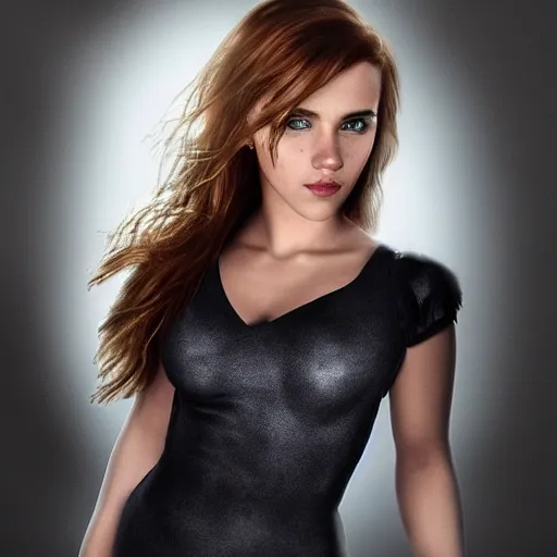 Image similar to a woman who is a genetic combination of scarlett johansson and emma watson face and upper - body focus