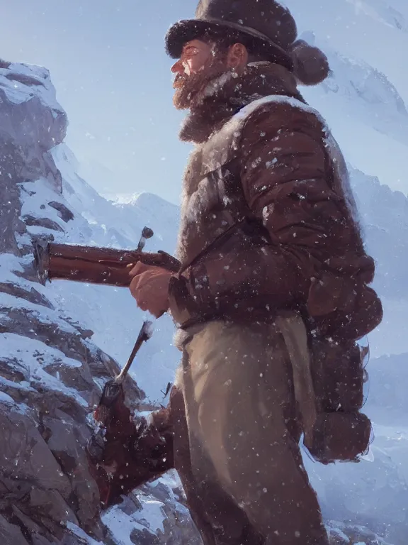 Image similar to an ultradetailed beautiful portrait painting of an explorer marching in the snowy mountains, side view, oil painting, high resolution, by ilya kuvshinov, greg rutkowski and makoto shinkai