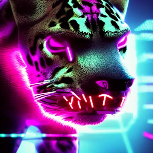 Image similar to portrait of a neon cyberpunk cyborg jaguar animal, octane render